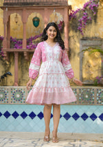 Thumbnail for Juniper Onion Pink Ethnic Motif Printed Cotton Short Dress With Mirror Work & Lace - Distacart