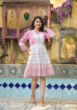 Thumbnail for Juniper Onion Pink Ethnic Motif Printed Cotton Short Dress With Mirror Work & Lace - Distacart