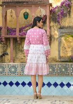 Thumbnail for Juniper Onion Pink Ethnic Motif Printed Cotton Short Dress With Mirror Work & Lace - Distacart