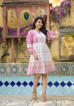 Thumbnail for Juniper Onion Pink Ethnic Motif Printed Cotton Short Dress With Mirror Work & Lace - Distacart