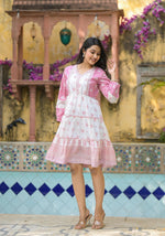 Thumbnail for Juniper Onion Pink Ethnic Motif Printed Cotton Short Dress With Mirror Work & Lace - Distacart