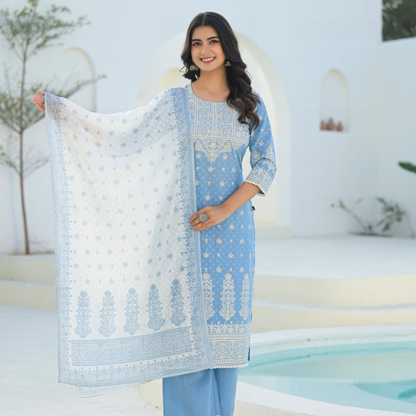 Juniper Sky Blue Embroidered Cotton Suit Set With Dupatta