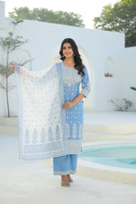 Thumbnail for Juniper Sky Blue Embroidered Cotton Suit Set With Dupatta