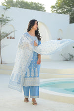 Thumbnail for Juniper Sky Blue Embroidered Cotton Suit Set With Dupatta