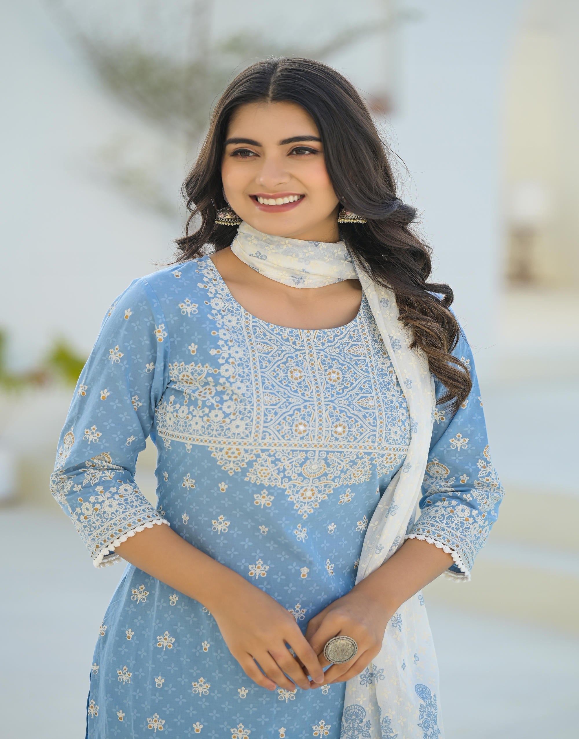 Juniper Sky Blue Embroidered Cotton Suit Set With Dupatta