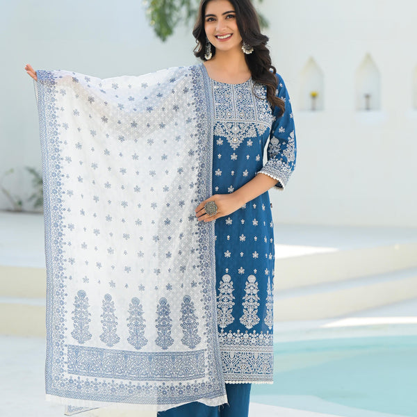 Juniper Indigo Embroidered Cotton Suit Set With Dupatta