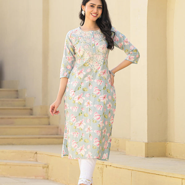 Juniper Green Floral Printed Cotton Kurta With Thread Work & Buttons