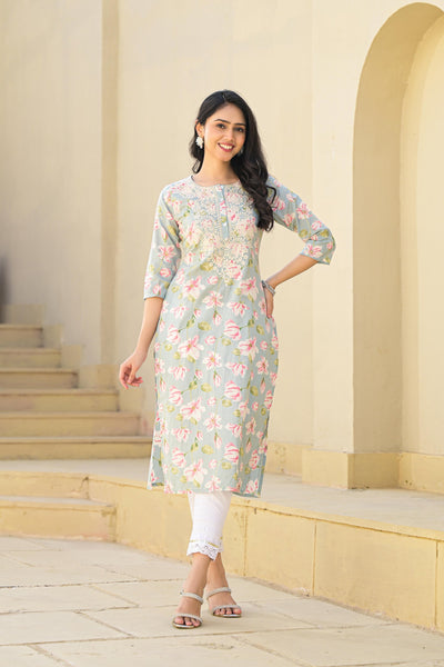 Juniper Green Floral Printed Cotton Kurta With Thread Work & Buttons