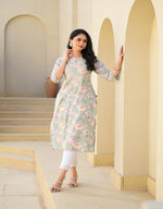 Thumbnail for Juniper Green Floral Printed Cotton Kurta With Thread Work & Buttons