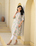 Thumbnail for Juniper Women's Green Floral Printed Cotton Kurta With Thread Work & Buttons - Distacart