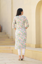 Thumbnail for Juniper Green Floral Printed Cotton Kurta With Thread Work & Buttons