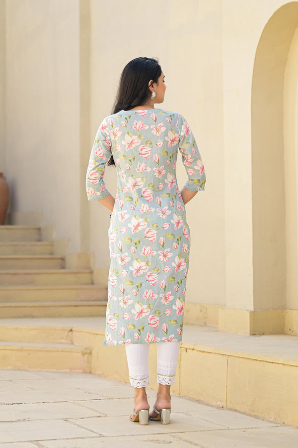 Juniper Women's Green Floral Printed Cotton Kurta With Thread Work & Buttons - Distacart