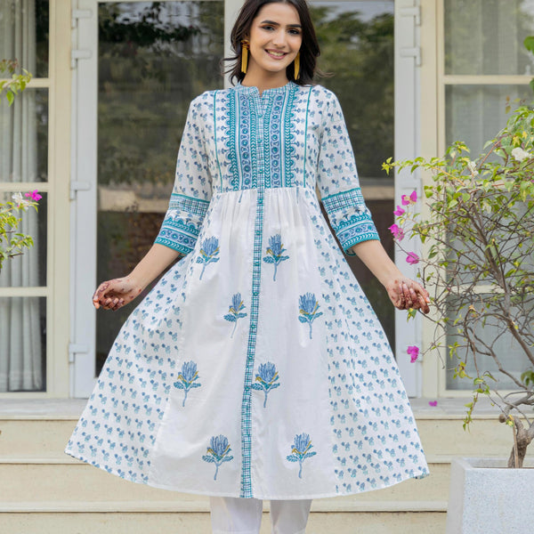 Juniper White Floral Printed Cotton Kurta With Buttons