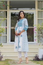 Thumbnail for Juniper White Floral Printed Cotton Kurta With Buttons