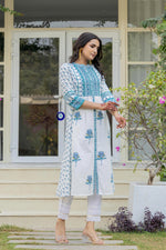 Thumbnail for Juniper White Floral Printed Cotton Kurta With Buttons