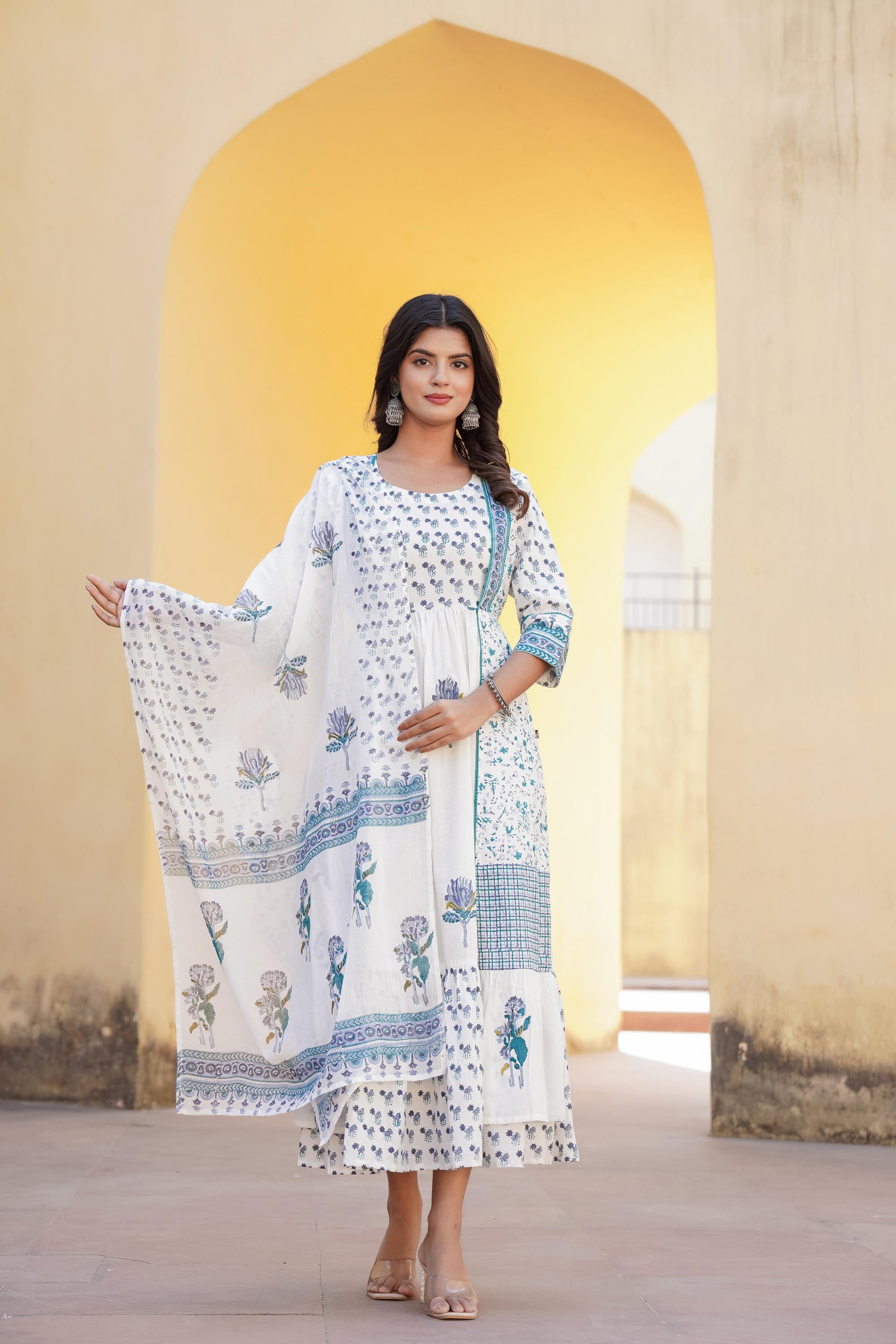 Juniper White Floral Printed Cotton Dress & Dupatta With Lace - Distacart