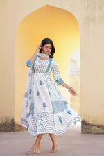 Thumbnail for Juniper White Floral Printed Cotton Kurta & Dupatta With Lace