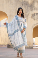 Thumbnail for Juniper White Floral Printed Cotton Kurta Pant And Dupatta Set With Sequins & Beads - Distacart