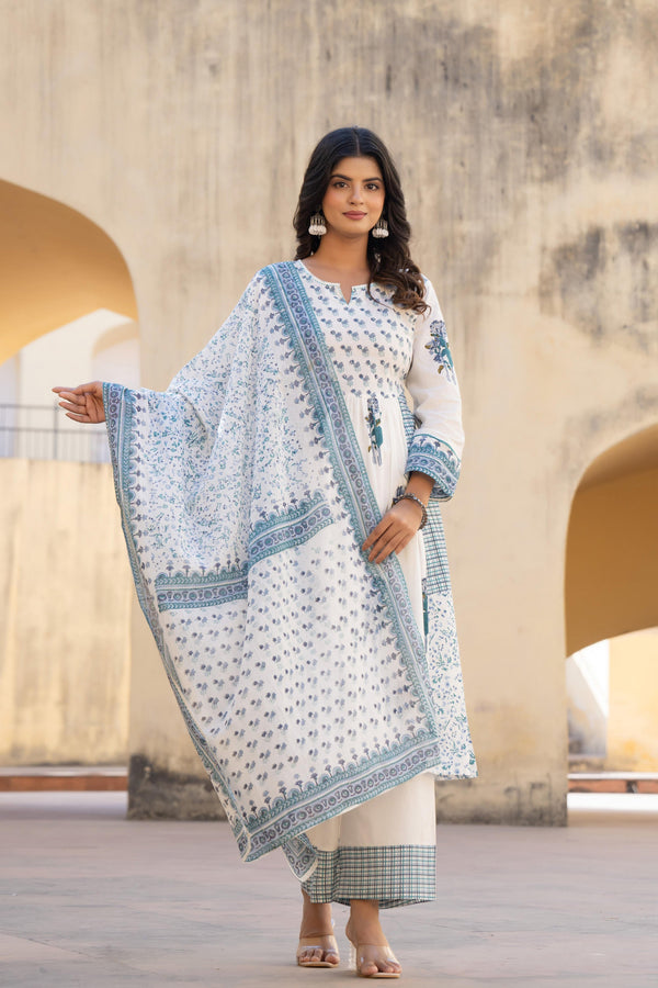 Juniper White Floral Printed Cotton Kurta Pant And Dupatta Set With Sequins & Beads - Distacart