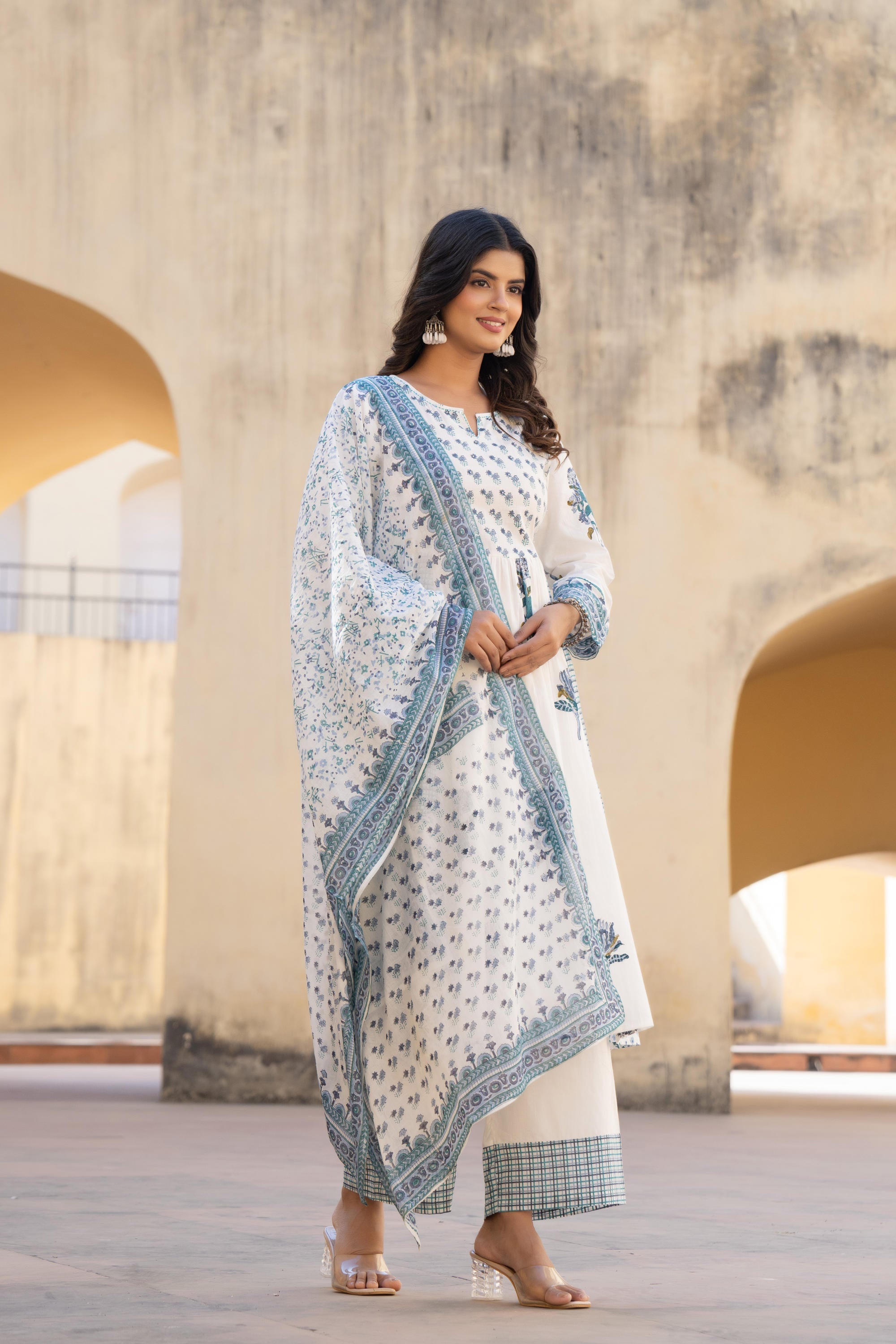 Juniper White Floral Printed Cotton Kurta Pant And Dupatta Set With Sequins & Beads - Distacart