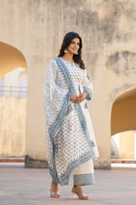 Thumbnail for Juniper White Floral Printed Cotton Kurta Pant And Dupatta Set With Sequins & Beads - Distacart
