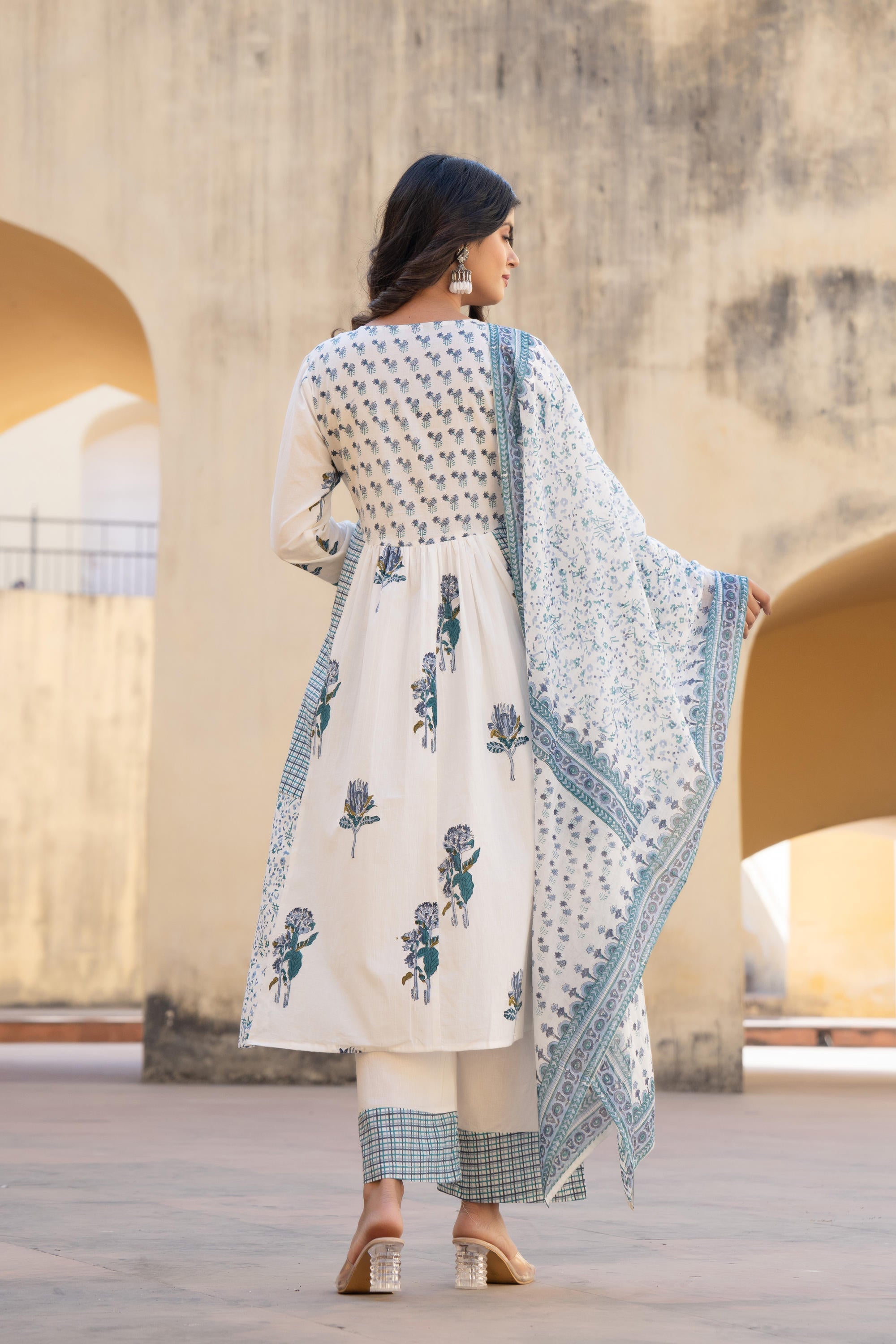 Juniper White Floral Printed Cotton Kurta Pant And Dupatta Set With Sequins & Beads - Distacart