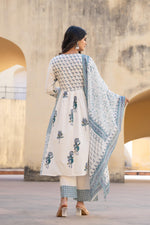Thumbnail for Juniper White Floral Printed Cotton Kurta Pant And Dupatta Set With Sequins & Beads - Distacart