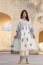 Thumbnail for Juniper White Floral Printed Cotton Kurta Pant And Dupatta Set With Sequins & Beads - Distacart