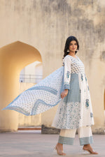 Thumbnail for Juniper White Floral Printed Cotton Kurta Pant And Dupatta Set With Sequins & Beads - Distacart