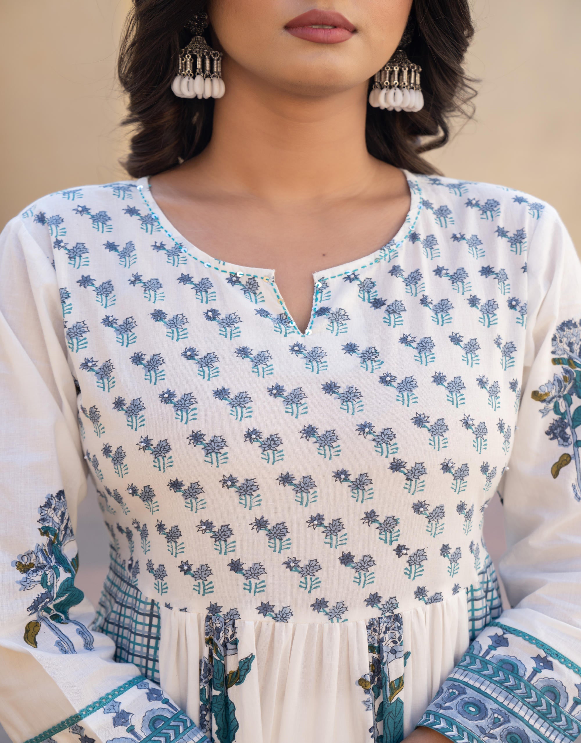 Juniper White Floral Printed Cotton Kurta Pant And Dupatta Set With Sequins & Beads - Distacart