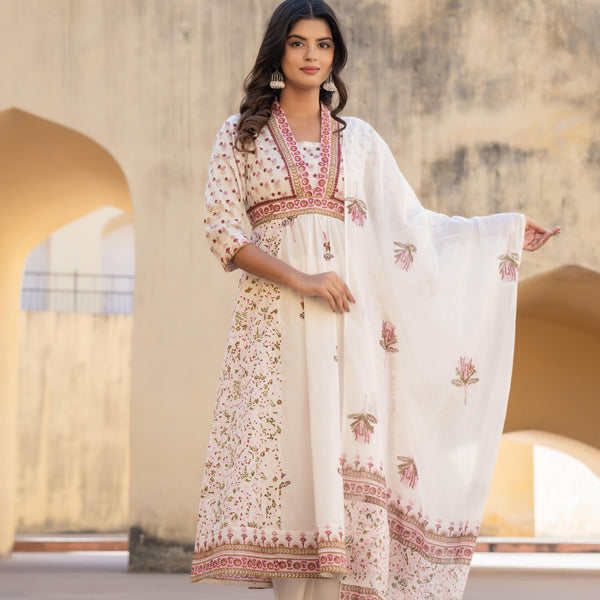 Juniper Gulab Pink Baagh Anarkali Cotton Suit Set