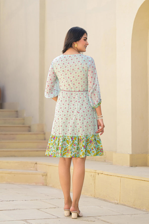 Juniper Mint Green Ethnic Motif Printed Short Dress With Dori