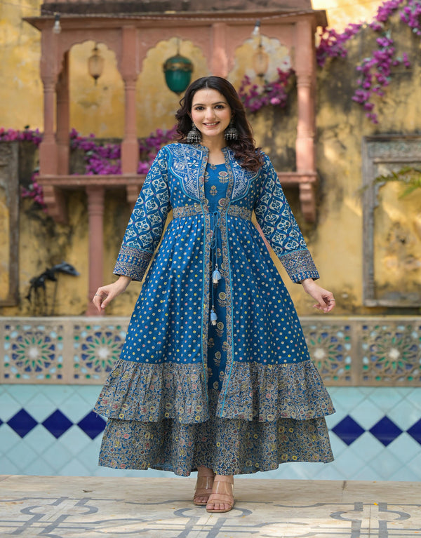 Juniper Indigo Floral Printed Cotton Long Dress & Shrug With Doris - Distacart