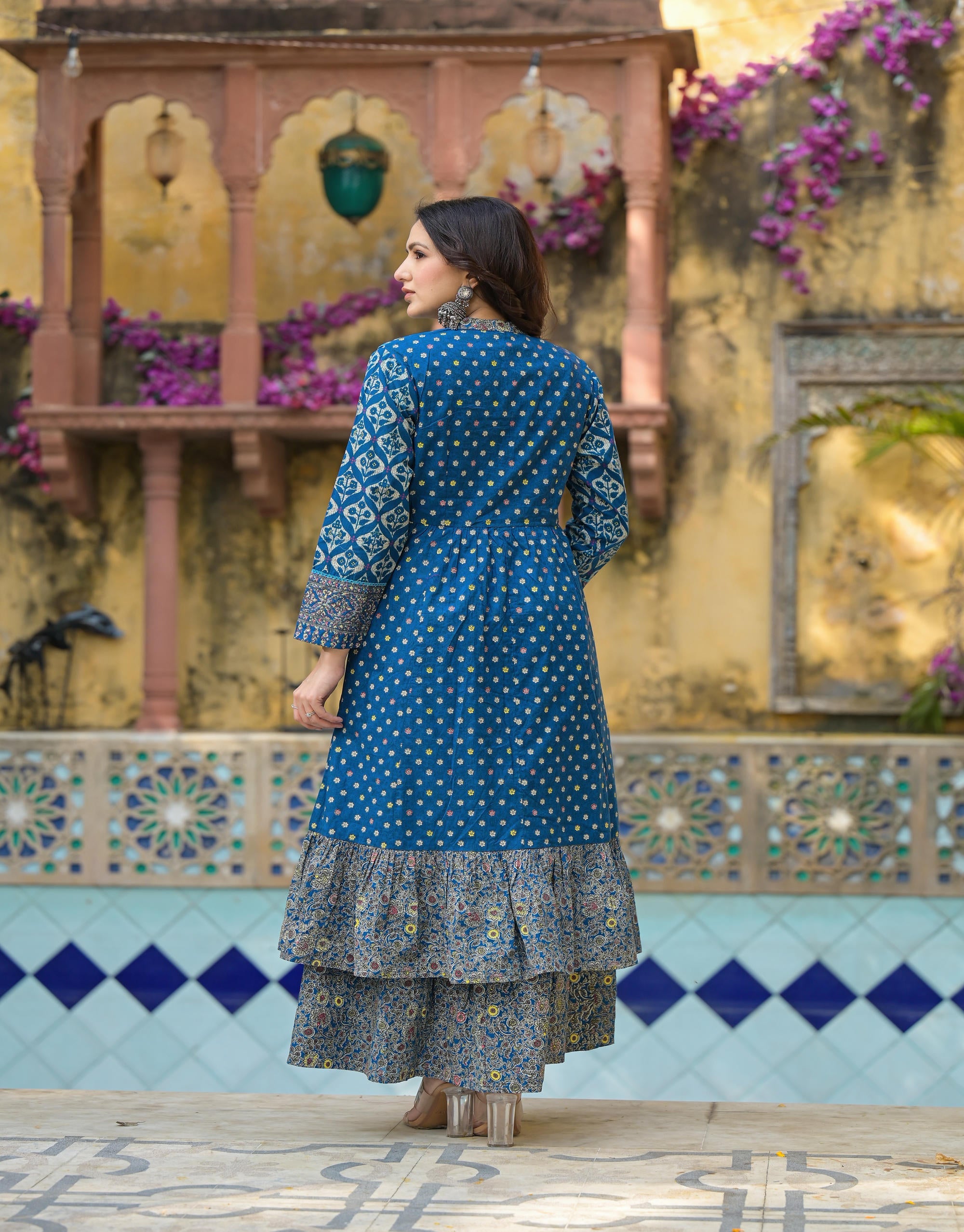 Juniper Indigo Floral Printed Cotton Long Dress & Shrug With Doris - Distacart