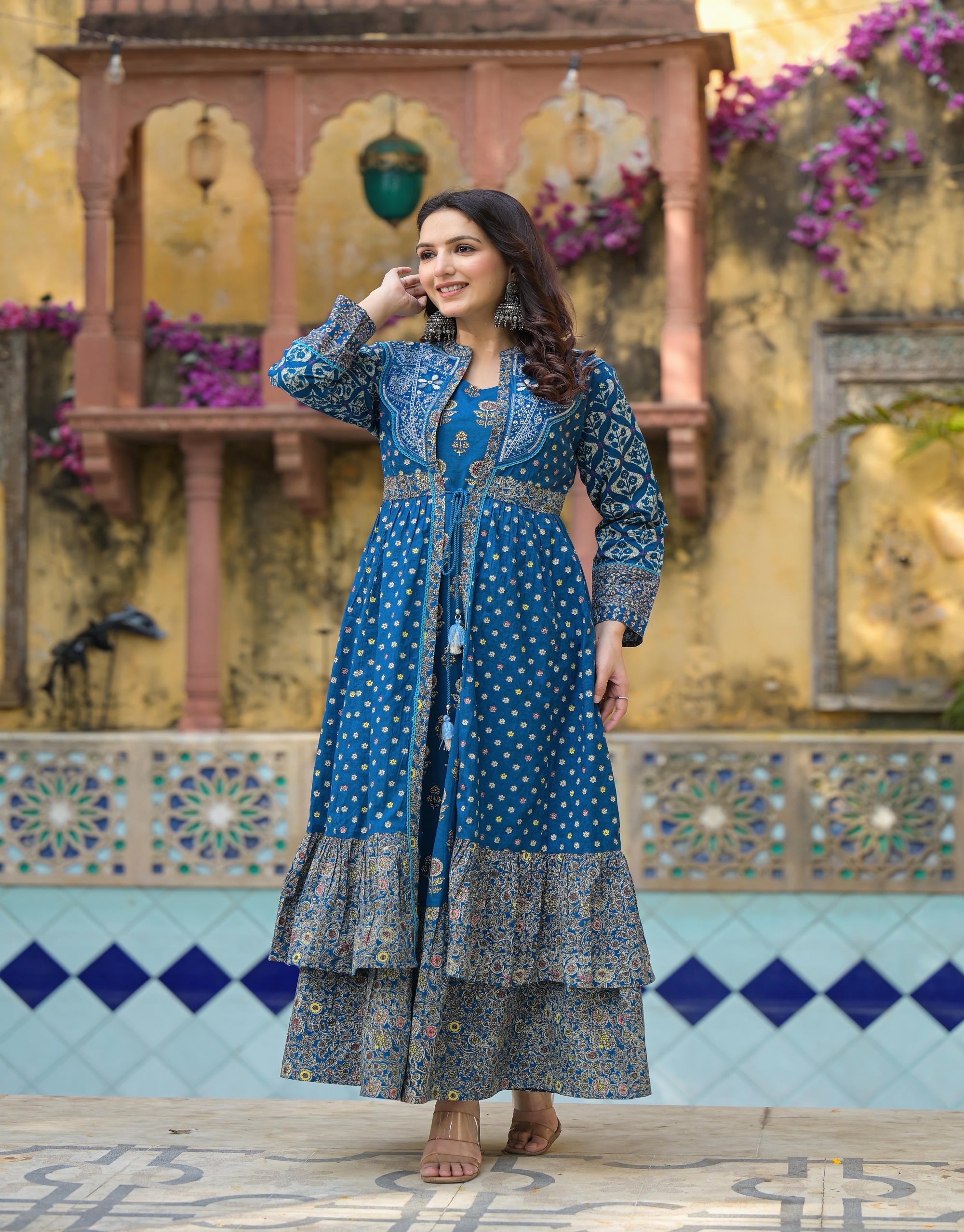 Juniper Indigo Floral Printed Cotton Long Dress & Shrug With Doris - Distacart