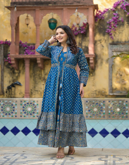 Juniper Indigo Floral Printed Cotton Long Dress & Shrug With Doris - Distacart