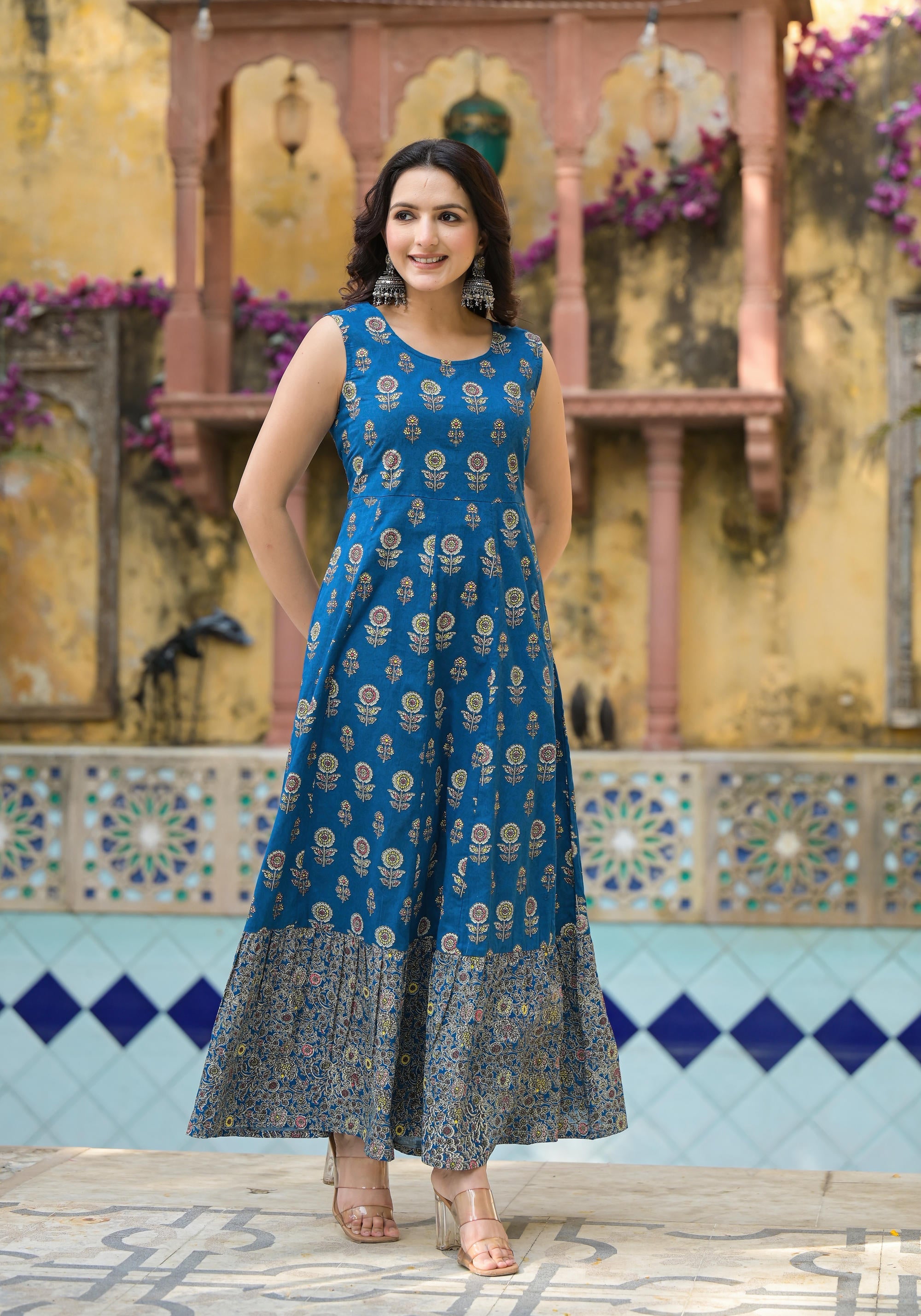 Juniper Indigo Floral Printed Cotton Long Dress & Shrug With Doris - Distacart