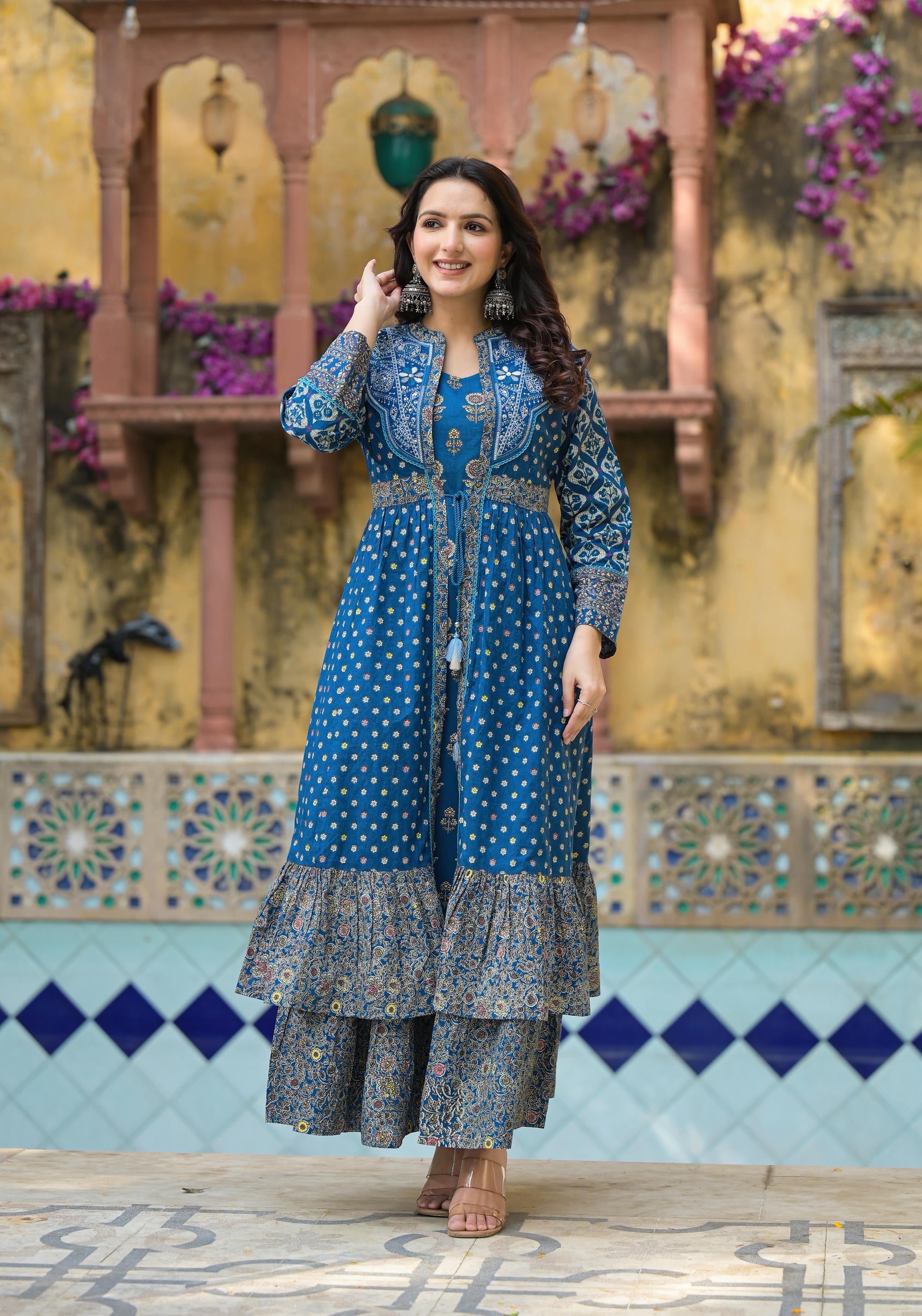 Juniper Indigo Floral Printed Cotton Long Dress & Shrug With Doris - Distacart