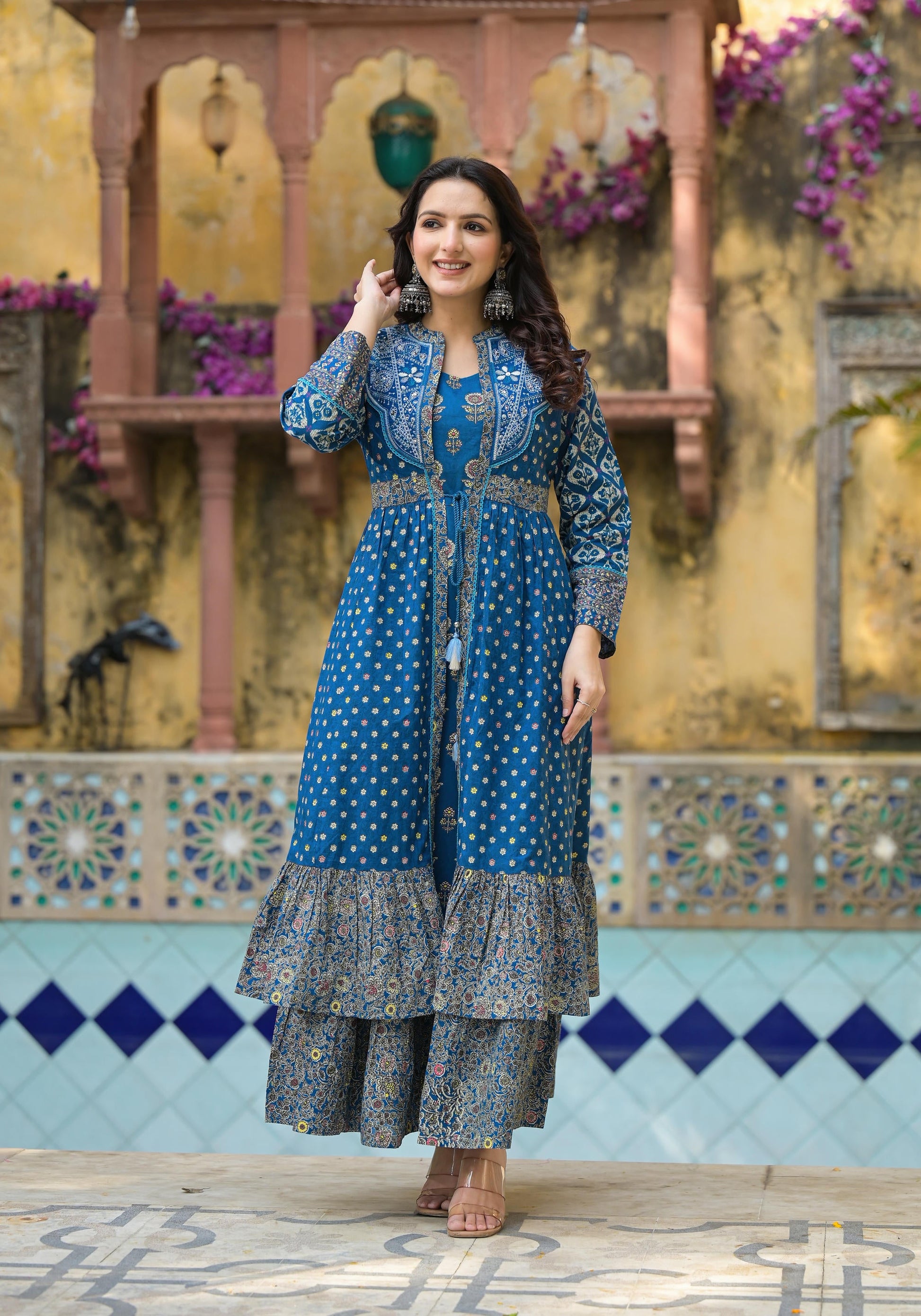 Juniper Indigo Floral Printed Cotton Long Dress & Shrug With Doris - Distacart