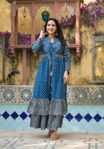 Juniper Indigo Floral Printed Cotton Long Dress & Shrug With Doris - Distacart