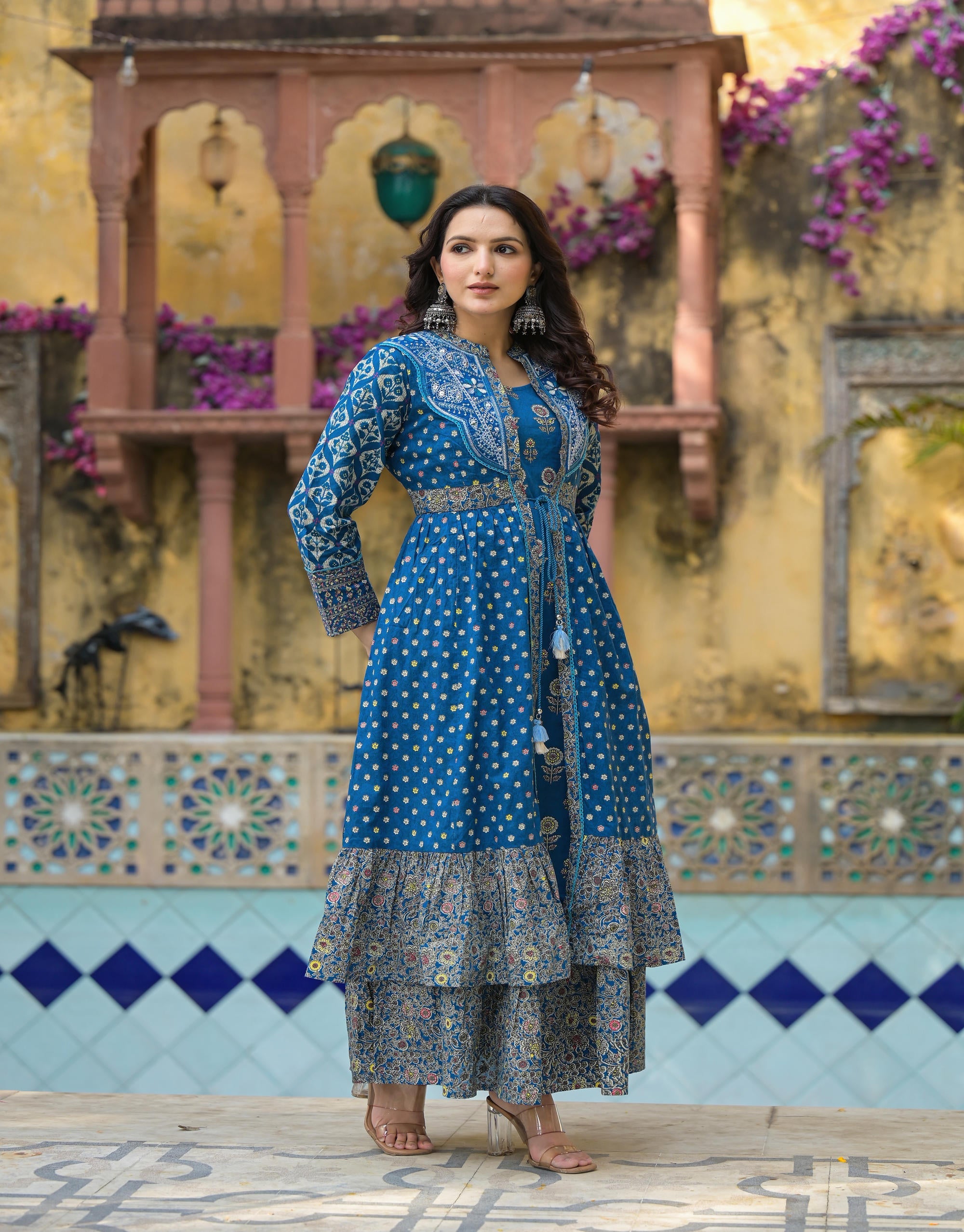 Juniper Indigo Floral Printed Cotton Long Dress & Shrug With Doris - Distacart