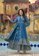 Thumbnail for Juniper Indigo Floral Printed Cotton Long Dress & Shrug With Doris - Distacart