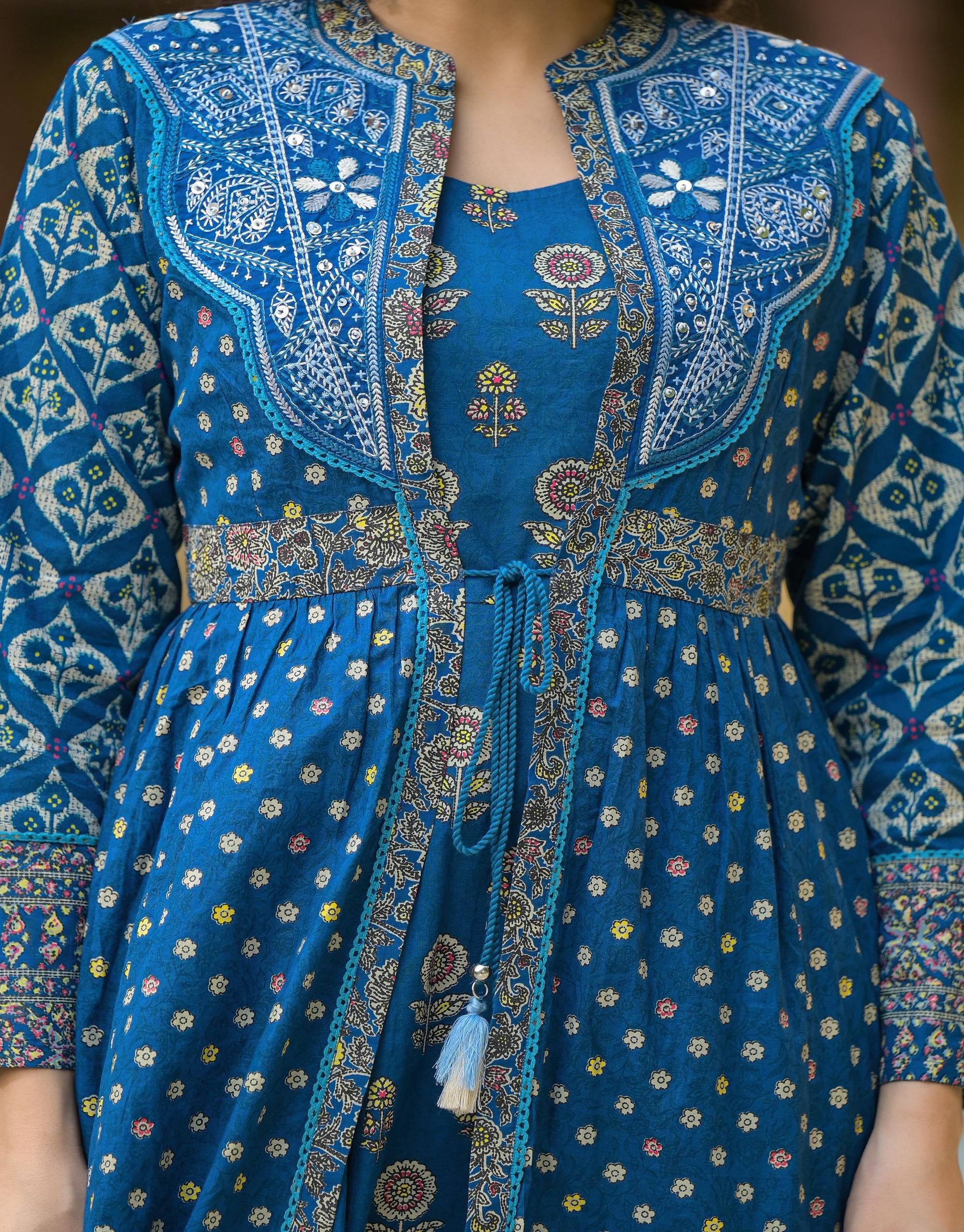Juniper Indigo Floral Printed Cotton Long Dress & Shrug With Doris - Distacart