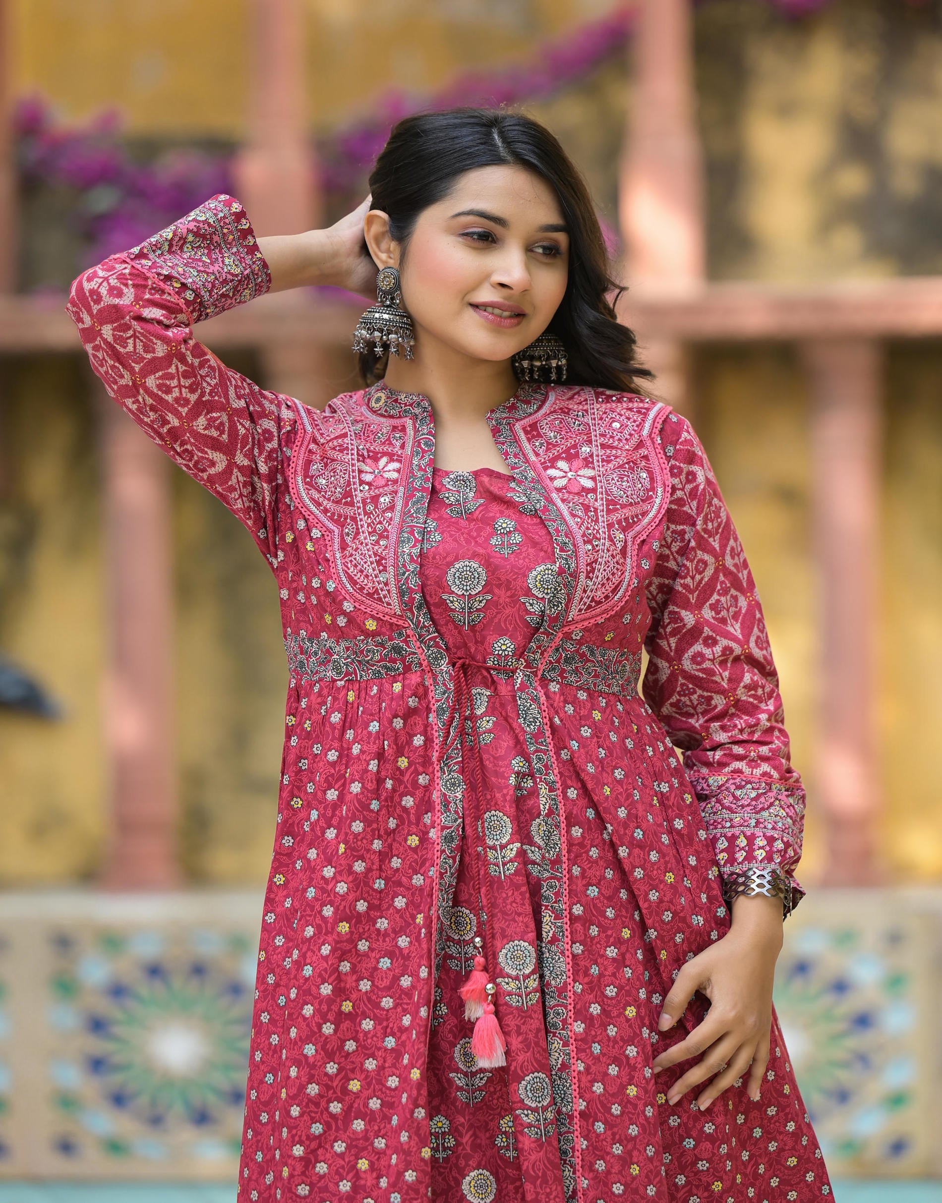 Juniper Maroon Floral Printed Cotton Long Dress With Shrug