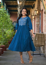 Thumbnail for Juniper Women's Indigo Solid Cotton Long Dress With Thread Embroidery - Distacart