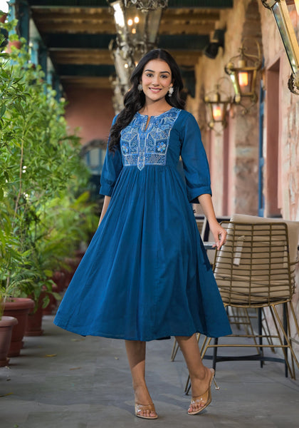 Juniper Women's Indigo Solid Cotton Long Dress With Thread Embroidery - Distacart