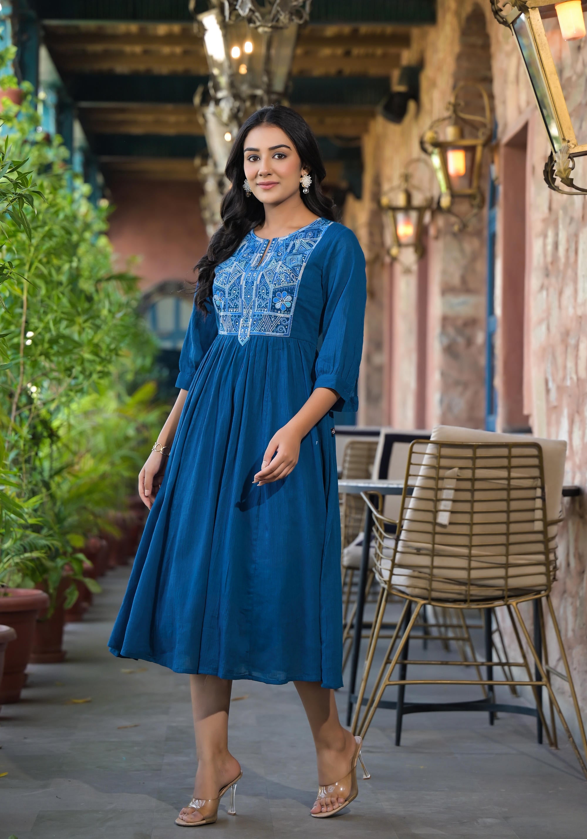 Juniper Women's Indigo Solid Cotton Long Dress With Thread Embroidery - Distacart