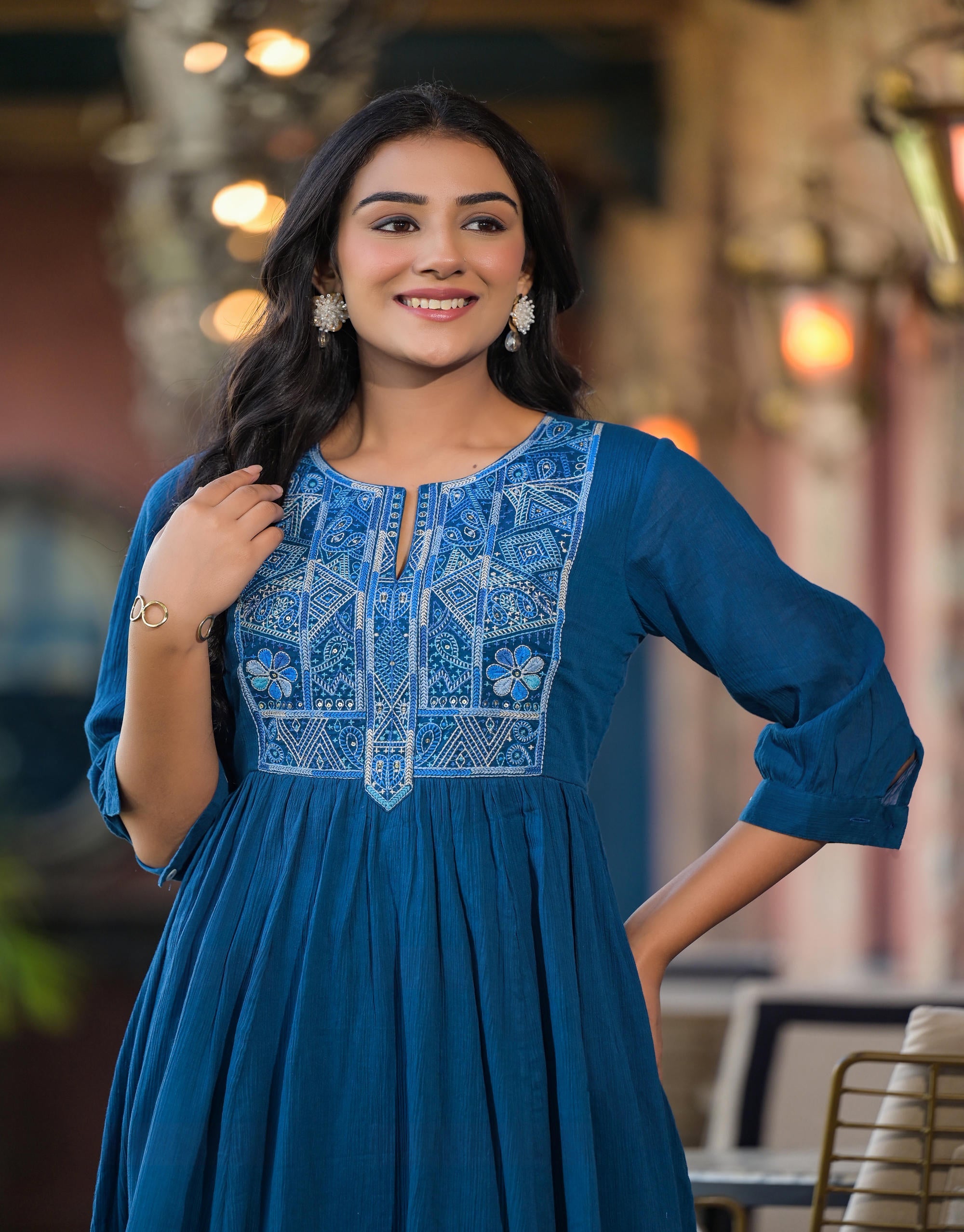 Juniper Women's Indigo Solid Cotton Long Dress With Thread Embroidery - Distacart