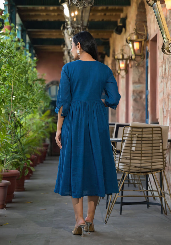 Juniper Women's Indigo Solid Cotton Long Dress With Thread Embroidery - Distacart