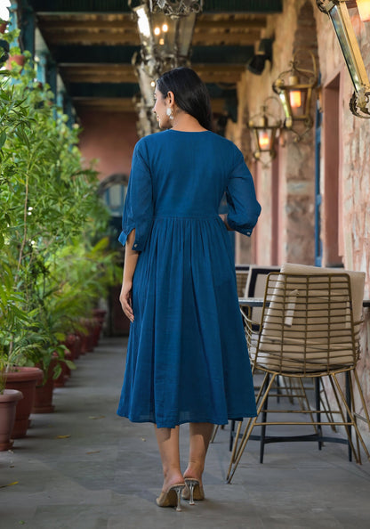 Juniper Indigo Solid Cotton Long Dress With Thread Embroidery - Distacart